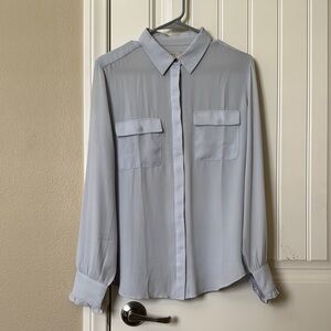 LOFT Light Blue Chiffon Button Down Shirt with Ruffle Sleeve